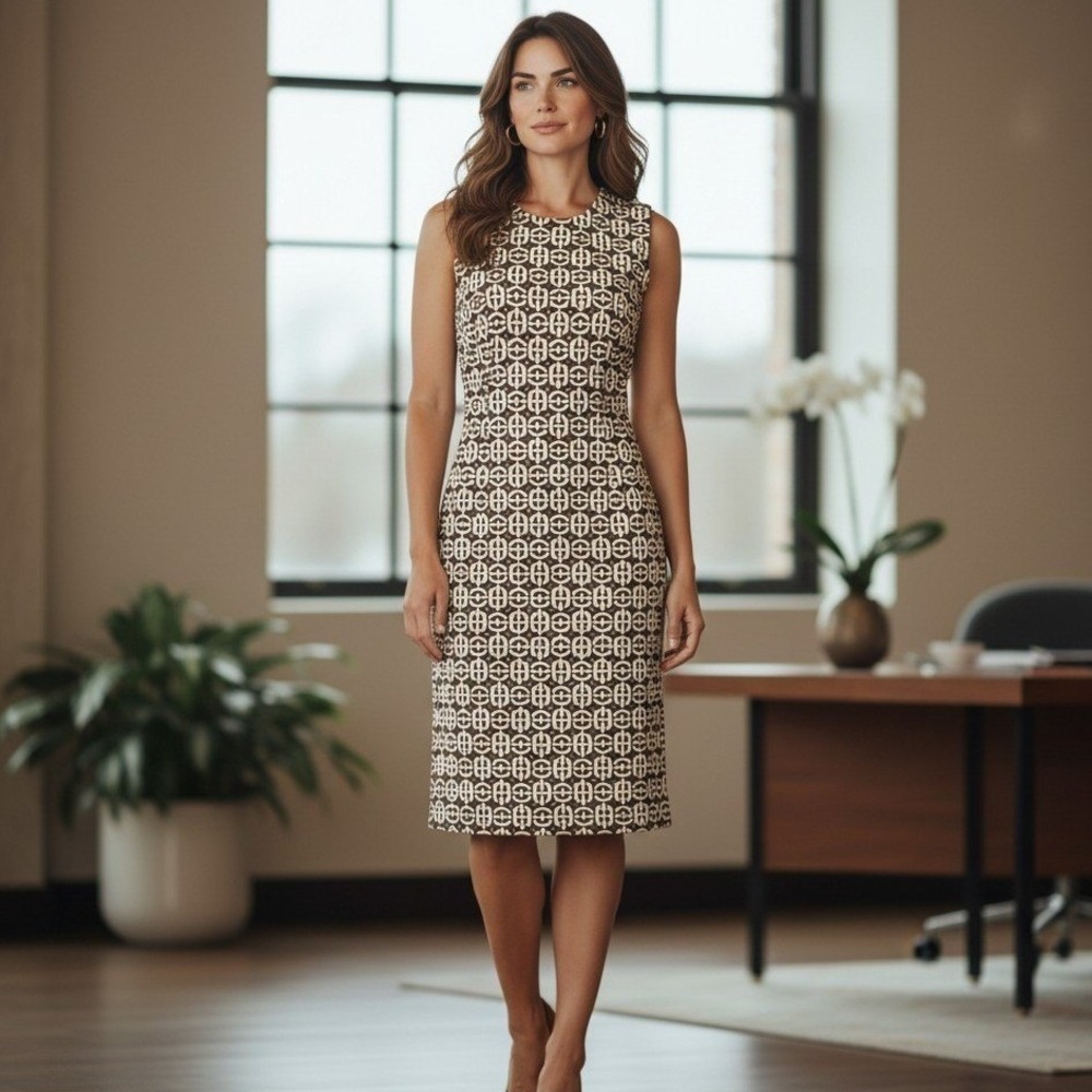 Vintage Y2K Banana Republic Ponte Sheath Dress Geometric Chain Link Brown 6